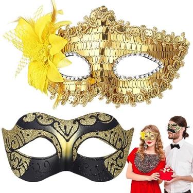 Imagem de Toyokar Fitas ajustáveis vintage antigas máscaras para casais, baile de máscaras para casal, retrô, pacote com 2, carnaval, dia das bruxas, dia dos namorados, para perfeição, preto, dourado