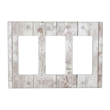Imagem de Placa de cobertura para interruptor de luz, placa rústica de grão de madeira cinza/branca, 3 gangs, placas decorativas para interruptores e capas de tomada para decoração de banheiro e quarto