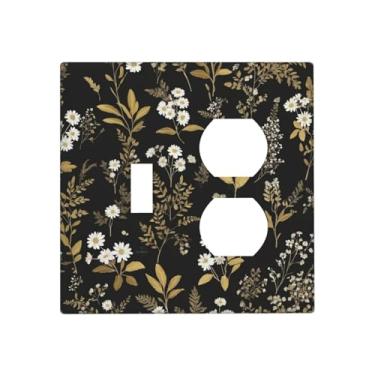 Imagem de Wmhusu Placa de cobertura para interruptor de luz preta/dourada, botânica, flores rústicas, flores rústicas, 2 placas decorativas de interruptor, 1 conjunto duplex de interruptor, capas de tomada GFCI