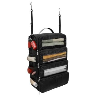 Imagem de Bolsa portátil para pendurar para viagem, organizador de bagagem de viagem de 37 x 23 x 50 cm, com quatro compartimentos, prateleiras suspensas, mala de mão, grande capacidade, dobrável