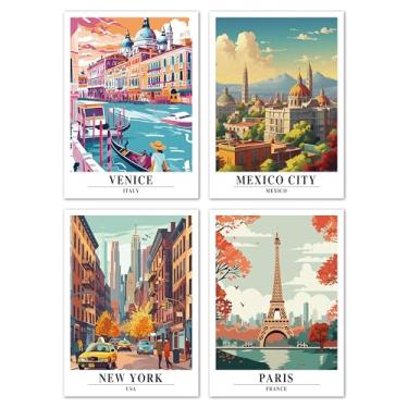 Imagem de Arte de parede de viagem vintage, impressões de parede de paisagem de cidade nacional, pôsteres retrô de cidades populares para decoração de sala de estar, quarto de escritório, conjunto de 4 fotos de