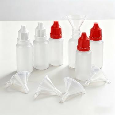 Imagem de Pacote com 10 frascos (6 frascos + 4 funis) frascos conta-gotas de plástico pequenos de 15 ml - Recipientes de viagem recarregáveis para colírios, espremíveis e portáteis com tampa e plugue, design