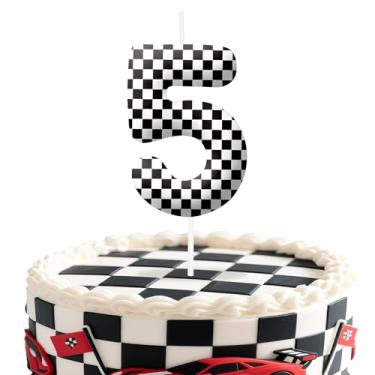 Imagem de Velas de aniversário número 5 de carros de corrida, preto e branco, com tema de bandeira quadriculada para meninos e meninas, decorações de bolo para aniversários, suprimentos de festa com tema de