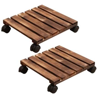 Imagem de 2 peças de suporte de madeira para plantas com 4 rodízios giratórios, suporte quadrado de rolamento, 11,8 x 11,8 x 7 cm, para vasos pesados e vasos