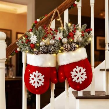 Imagem de Guirlanda de luva de Natal cintilante com 120 luzes de LED, guirlandas de Natal iluminadas para decoração de porta da frente, guirlanda de plantas para ambientes internos, externos, paredes e festas