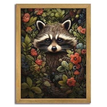 Imagem de Arte de parede texturizada 3D emoldurada, decoração de parede de guaxinim vintage arenito desenhado à mão, animal escuro da academia com pinturas florais botânicas, para sala de estar, quarto