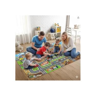 Imagem de Tapete Infantil com Carrinhos, Cidade em Plástico e Tecido Sintético, Verde, 80x70cm, Kit com 2 Carrinhos e Acessórios de Trânsito, para Crianças +3 Anos
