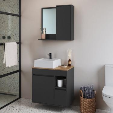 Imagem de Conjunto para Banheiro Gabinete Suspenso 60cm com Cuba e Espelheira Bahamas Grafite