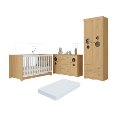 Imagem de Quarto de Bebê Completo Berço Americano 3 em 1 Colchão Sonho Multimóveis Mp4643 Madeirado