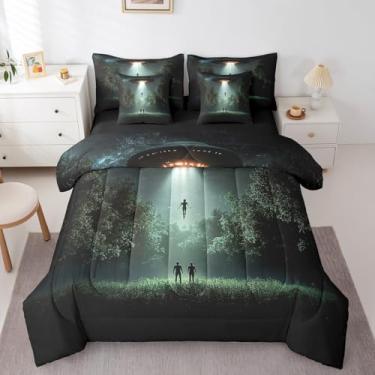 Imagem de Feelyou Conjunto de edredom Queen com estampa de OVNI, tamanho Queen, para adultos, meninos e meninas, conjunto de cama verde escuro com 7 peças