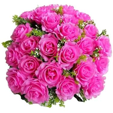 Imagem de Buquê de rosas com folhagem - Arranjo Floral Decorativo para Mesa, Sala de Estar, Eventos e Presentes - Beleza Eterna e Realista(Rosa escuro,3 Unidade)