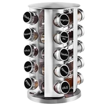 Imagem de Prateleira giratória para temperos 12, 16, 20 potes de vidro Tampas de aço inoxidável Etiquetas Decoração para cozinha (Porta Temp 20 Redondo)