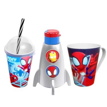 Imagem de Kit Super-herói Homem Aranha Copo Garrafa Foguete e Caneca - Plasútil,