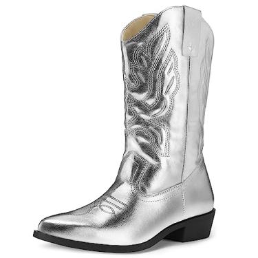 Imagem de mysoft Botas caubói femininas bordadas, cano médio, bico fino, cowgirl, Prata, 40