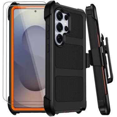 Imagem de Capa para Samsung Galaxy S25 Ultra com clipe de cinto, capas de telefone defensoras antiqueda à prova de choque de grau militar, 2 películas protetoras resistentes e resistentes (preto laranja)