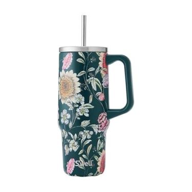 Imagem de S'well Copo de aço inoxidável reciclado XL com canudo e alça, 850 g, botânico meia-noite, recipiente isolado a vácuo de camada tripla mantém as bebidas frias por 36 horas e quentes por 9, livre de BPA