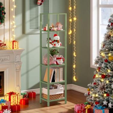 Imagem de TUTOTAK Estante de livros, prateleira alta de 6 camadas, estante estreita para pequenos espaços, estante empilhável DIY, para sala de estar, escritório, escritório, entrada, industrial, verde-oliva