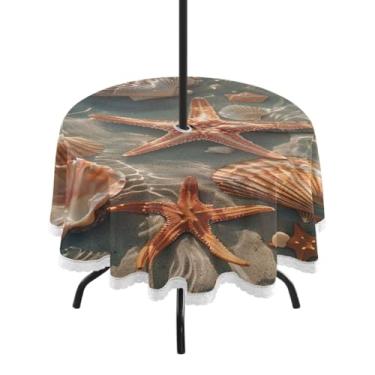 Imagem de Blueangle Toalha de mesa redonda à prova d'água de 152 cm com concha de estrela do mar e praia de verão com orifício para guarda-chuva – Tecido resistente à prova de sol para todos os climas