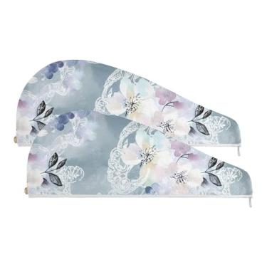 Imagem de SEHANY Toalha de cabelo de microfibra de flores coloridas elegantes para mulheres, 2 peças, turbantes de cabelo de secagem rápida com botão, touca de cabelo seco absorvente toalha de secagem de cabelo