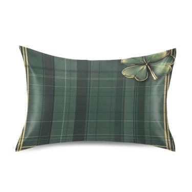 Imagem de Blueangle Fronha de cetim xadrez verde do dia de São Patrício para cabelo e pele, fronha de seda, tamanho Queen (50,8 x 76,2 cm) - Capas de almofada de cetim refrescantes com fecho de envelope (899)