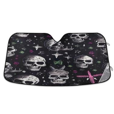 Imagem de ATTX Pára-brisas de carro com padrão de caveira colorida 144.8 cm x 80.0 cm Escudo solar universal com proteção UV, persiana de janela frontal automática dobrável para caminhões Sedans SUVs #424