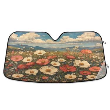 Imagem de ATTX Pintura a óleo vintage flores silvestres pára-brisas carro 144.8 cm x 80.0 cm escudo solar universal com proteção UV, persiana de janela frontal automática dobrável para Sedans SUVs caminhões