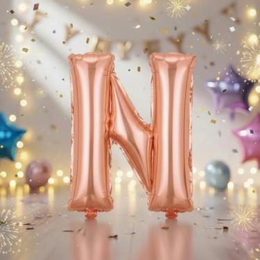 Imagem de Balões grandes com letra N de ouro rosa de 81 cm, balões de alumínio preenchidos com hélio para festas de aniversário e decorações de aniversário, suprimentos de decoração de festa em ouro rosa grande