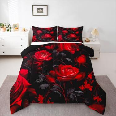 Imagem de Erosebridal Conjunto de edredom Queen com flor de rosa vermelha para adolescentes, floral, romântico, dia dos namorados, macio, quente, 3 peças com 2 fronhas