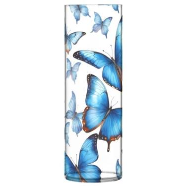 Imagem de CEBUGI Vaso de flor borboleta azul 10 cm x 30 cm Vaso cilíndrico para flores, vaso transparente inquebrável para decoração de casa de festa de casamento