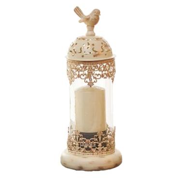 Imagem de Castiçal de castiçal com tampa de vidro gaiola de pássaro de ferro suporte de castiçal de lanterna ornamentos de mesa, branco grande, 14 * 14 * 30 cm