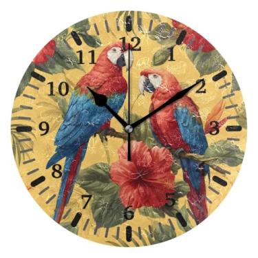 Imagem de CEBUGI Pássaros plantas tropicais relógio de parede operado por bateria relógios redondos silenciosos sem tique-taque relógios de parede para cozinha, banheiro, quarto, escritório, decoração 25,4 cm