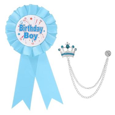 Imagem de PATIKIL Broche de botão de aniversário, alfinetes de crachá de fita de prêmio de tecido de cetim e broche de corrente pendurada em coroa para decoração de festa de aniversário, One Size, Liga de aço