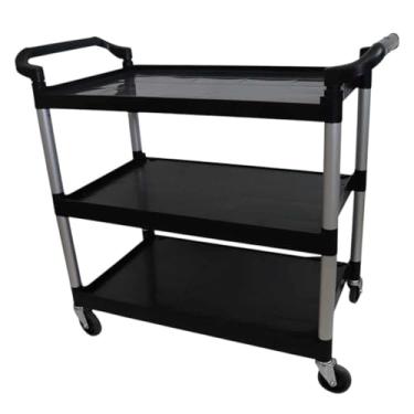 Imagem de Carro Bandeja Triplex, Preto, Polipropileno com Base em Alumínio, 4 Rodas Giratórias, Transporte de Materiais, Capacidade 150kg, para Ambientes Corporativos, Hospitais e Hotéis