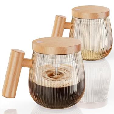 Imagem de Mihoho Conjunto de 2 peças de caneca de café elétrica com agitação automática, caneca de mistura de 400 ml, alta velocidade adequada para café/leite/proteína em pó, liquidificador de vidro com