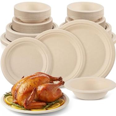 Imagem de Havawish Conjunto de pratos e tigelas de papel compostáveis, 150 peças, 17 e 23 cm, prato descartável, 340 g, tigelas biodegradáveis para festas, jantares, artigos de festa a granel para 45 pessoas