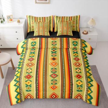 Imagem de Erosebridal Jogo de cama de 7 peças asteca Queen Boho com lençóis, cama rústica listrada de casa de fazenda do sudoeste em uma bolsa, geométrico, verde, amarelo, para adolescentes, homens e mulheres