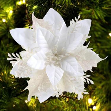 Imagem de 5 peças de flores artificiais de Natal de poinsétia branca para árvore de Natal, 14 cm, flor sintética de poinsétias com clipes, hastes, decoração faça você mesmo, guirlanda de ano novo, enfeite de