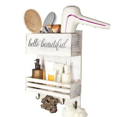 Imagem de Cokritsm Suporte de madeira para secador de cabelo montado na parede - Prateleira de armazenamento de banheiro de 2 níveis, organizador de ferramentas de cosméticos e cabeleireiro para bancada