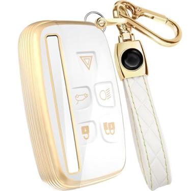 Imagem de Lucrum Compatível com capa de chaveiro Range Rover e chaveiro de couro, capa de chaveiro TPU para Jaguar XE XJ XF para Land Rover Sport Velar Evoque Discovery - branca e dourada