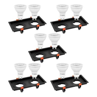 Imagem de Kit 5 Spot Duplo Embutir Recuado Dicroica Mr16 Preto + Lâmpada Led Dicróica 4000K 6,5W