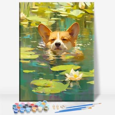 Imagem de Aeontinity Corgi Water Lily Dog Quadro DIY Pintura por Números Kit Bar Café Caverna Casa Parede Banheiro Varanda Pátio Decoração Presente, 40,6 x 30,5 cm