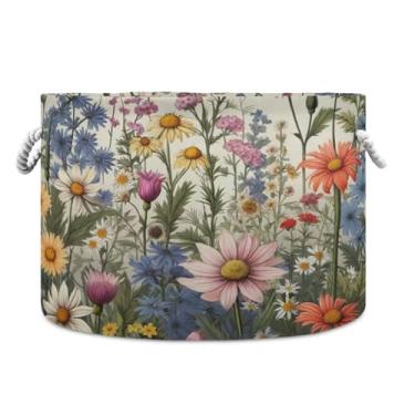 Imagem de JUZIHAI Cesta de armazenamento dobrável de flores silvestres para bebês, cesto de roupa suja, cobertor com alças de corda de algodão, caixa organizadora de armário dobrável para quarto, berçário, casa