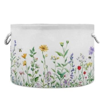 Imagem de JUZIHAI Cesta de armazenamento dobrável de flores silvestres para bebês, cesto de roupa suja, cobertor com alças de corda de algodão, caixa organizadora de armário dobrável para quarto, berçário, casa