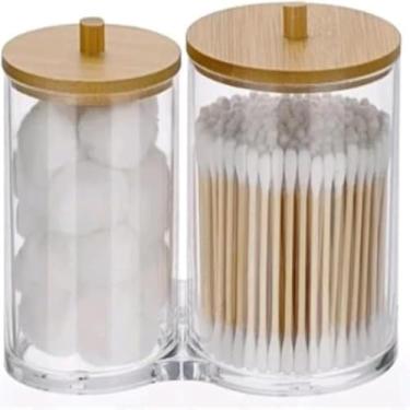 Imagem de Recipiente transparente de acrilico para higiene, duas divisorias, tampa bambu, pratico, grande, elegante, reutilizavel , moderno