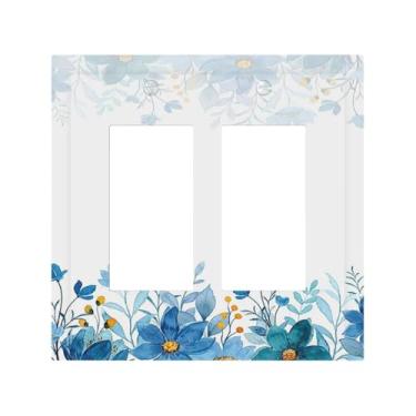 Imagem de Naiqadnehz Capas de tomada decorativas flores azuis aquarela 2 gangues interruptor duplo interruptor de luz placa de interruptor elétrico placa de decoração GFCI placa de parede para quarto decoração