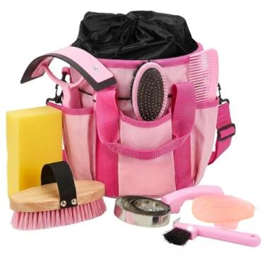 Imagem de Cunhill Kit de cuidados com cavalos, conjunto com sacola, curry de massagem oval, escova dura e macia, palito de casco, raspador de suor, esponja de banho, pente para iniciantes (clássico, rosa)