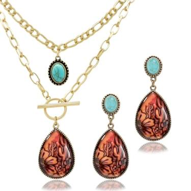 Imagem de Aswitnove 3 peças de joias turquesa ocidental para mulheres, conjunto boêmio, cacto, turquesa, brincos com pingente boêmio, concerto, caubói, roupas chiques para mulheres, joias, presentes, meias de