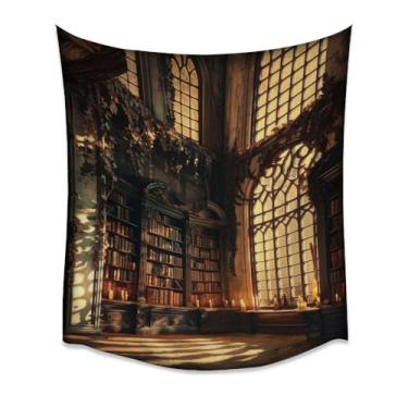 Imagem de Tapeçaria de Velas de Biblioteca Gótica Dark Academia Vintage Book Room Moody Study Wall Hanging Decor For Bedroom Office Reading Corner Cozy Home Aestheticwhite152 x 203 cm