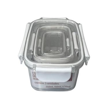Imagem de Conjunto 3 Potes Herméticos Retangulares, Polipropileno Transparente com Branco, 50ml 150ml 350ml, Travas Laterais, Empilháveis, para Conservação de Alimentos