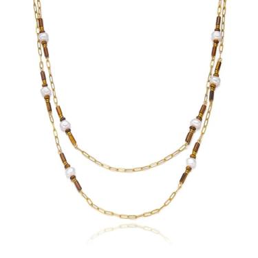 Imagem de Harlermoon Colar de olho de tigre, pingente de pedra marrom, dourado, boêmio, grosso, ajustável, joia delicada para mulheres, Medium, Metal, Sem Pedra Preciosa